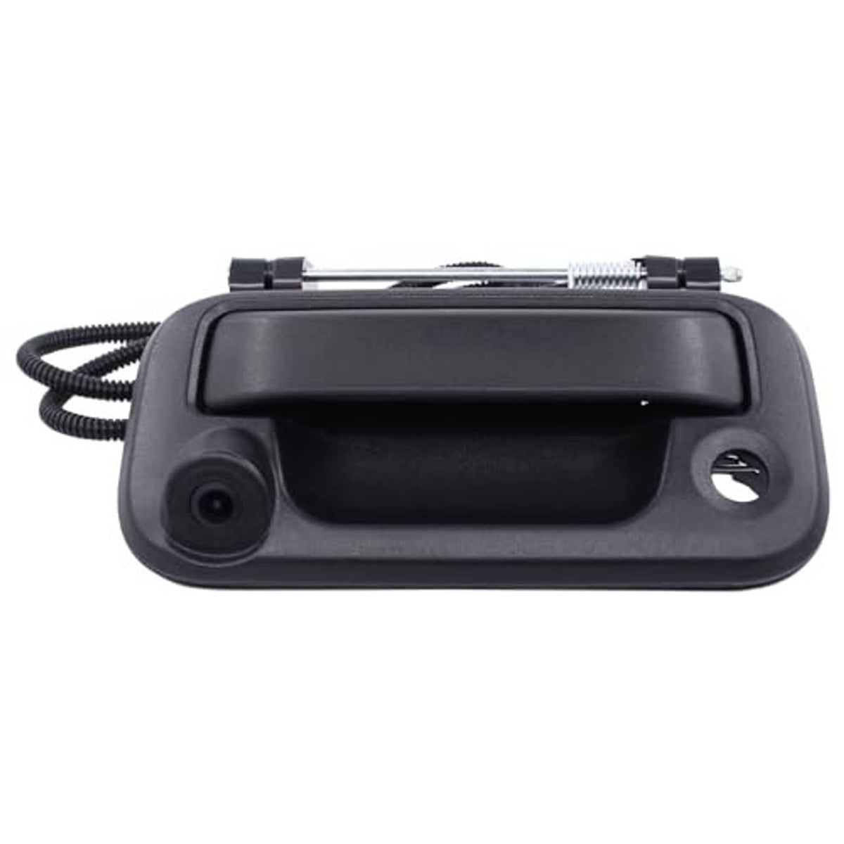Black tailgate backup camera handle with left-side lens and circular screw hole