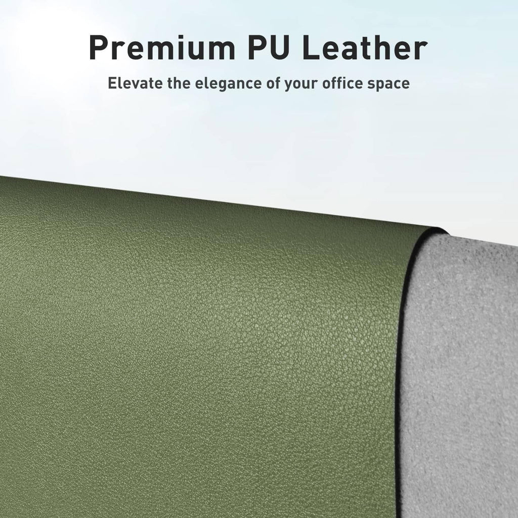 Olive green desk protector mat corner with textured, grippy surface edge