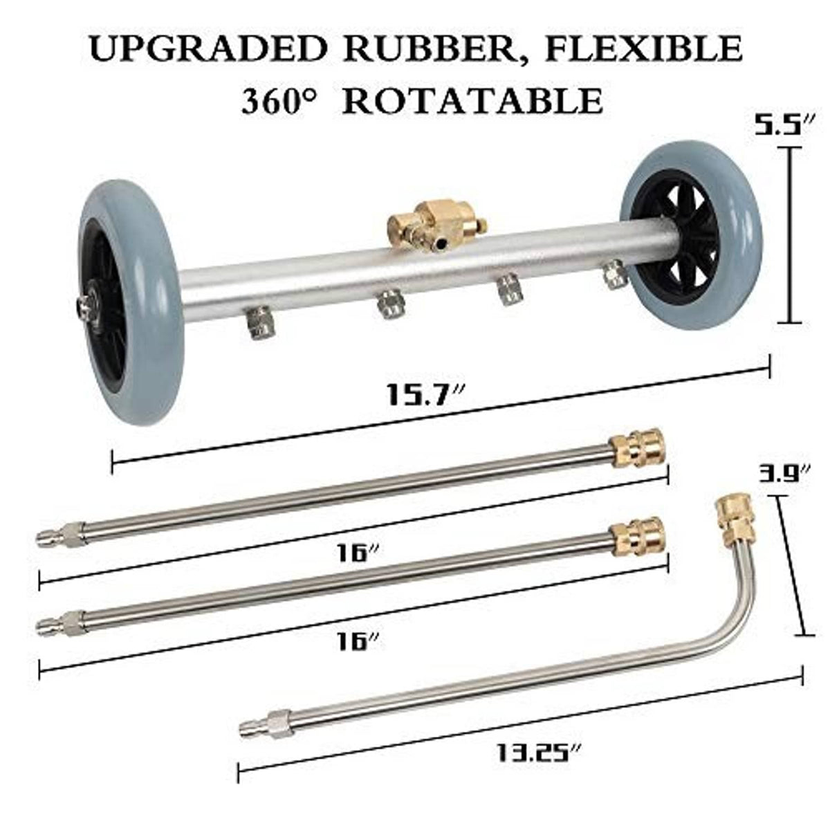 Undercarriage cleaner attachment with 360° rotatable rubber wheels and brass fittings