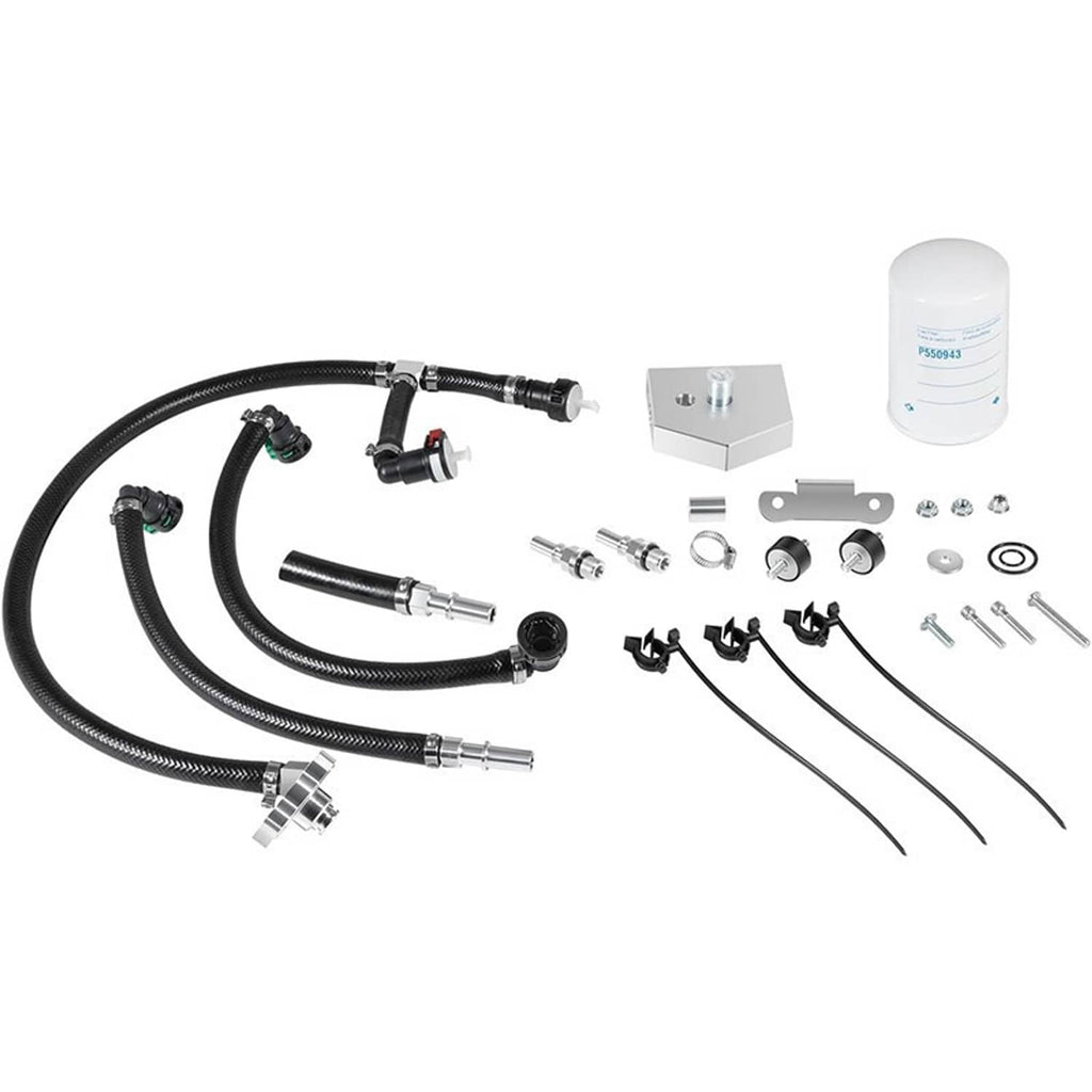 Fuel bypass kit bundle with white canister, black hoses, fittings, and mounting hardware