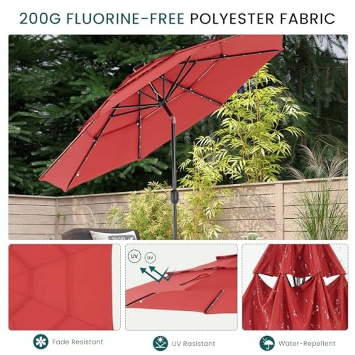 Crimson 3-tier patio umbrella with durable fabric canopy and ribbed support framework