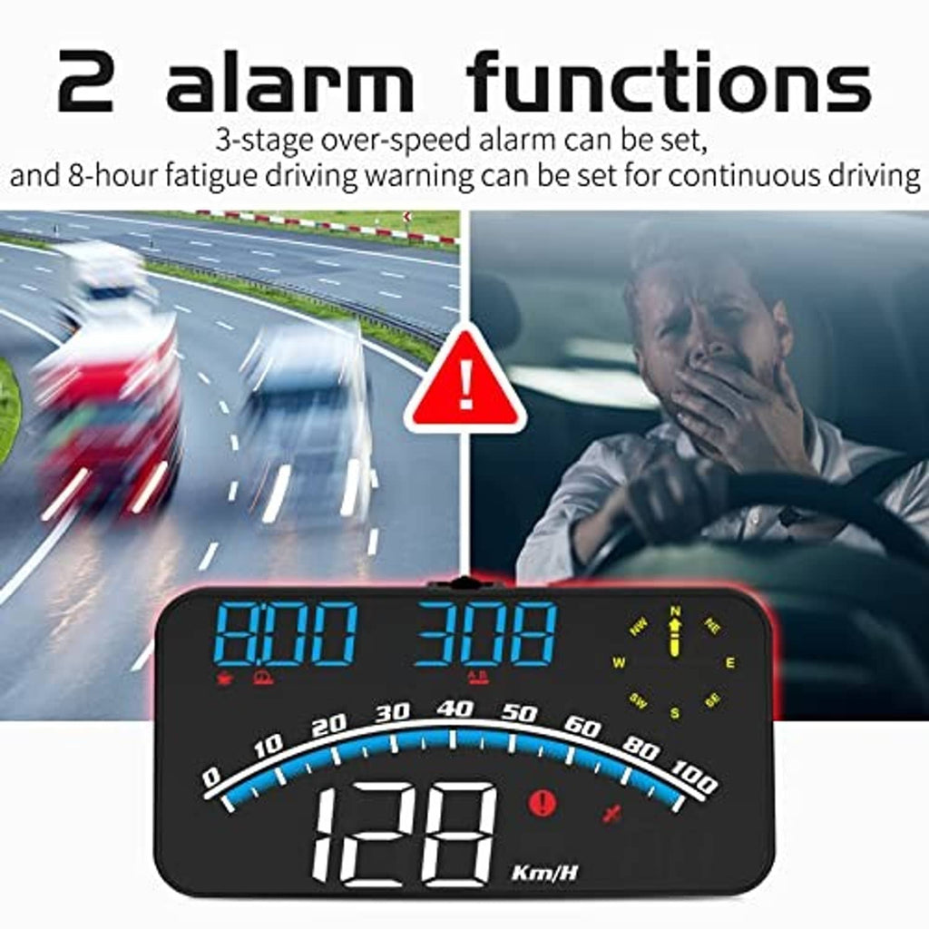 Black digital GPS speedometer with blue LCD showing speed 120 and km/h