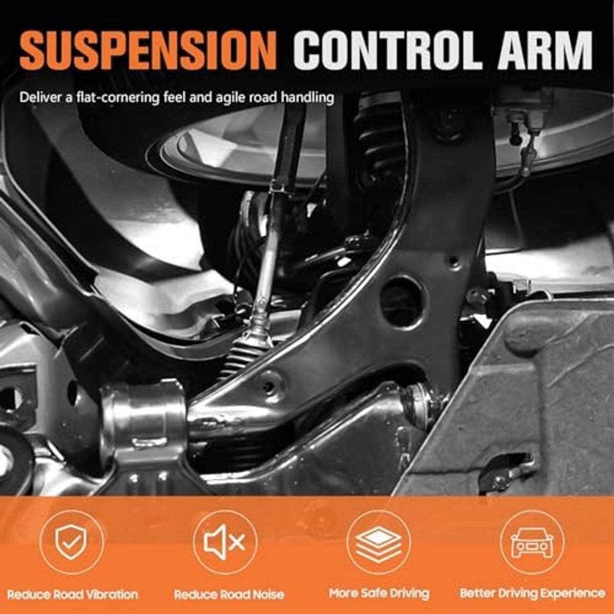 Front suspension control arm beneath the vehicle, close-up metal components