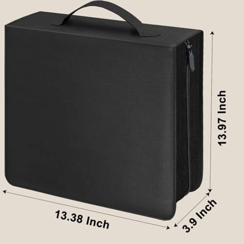 Black disc storage case with carry handle, compact size 13.38 x 3.9 x 11.7 in