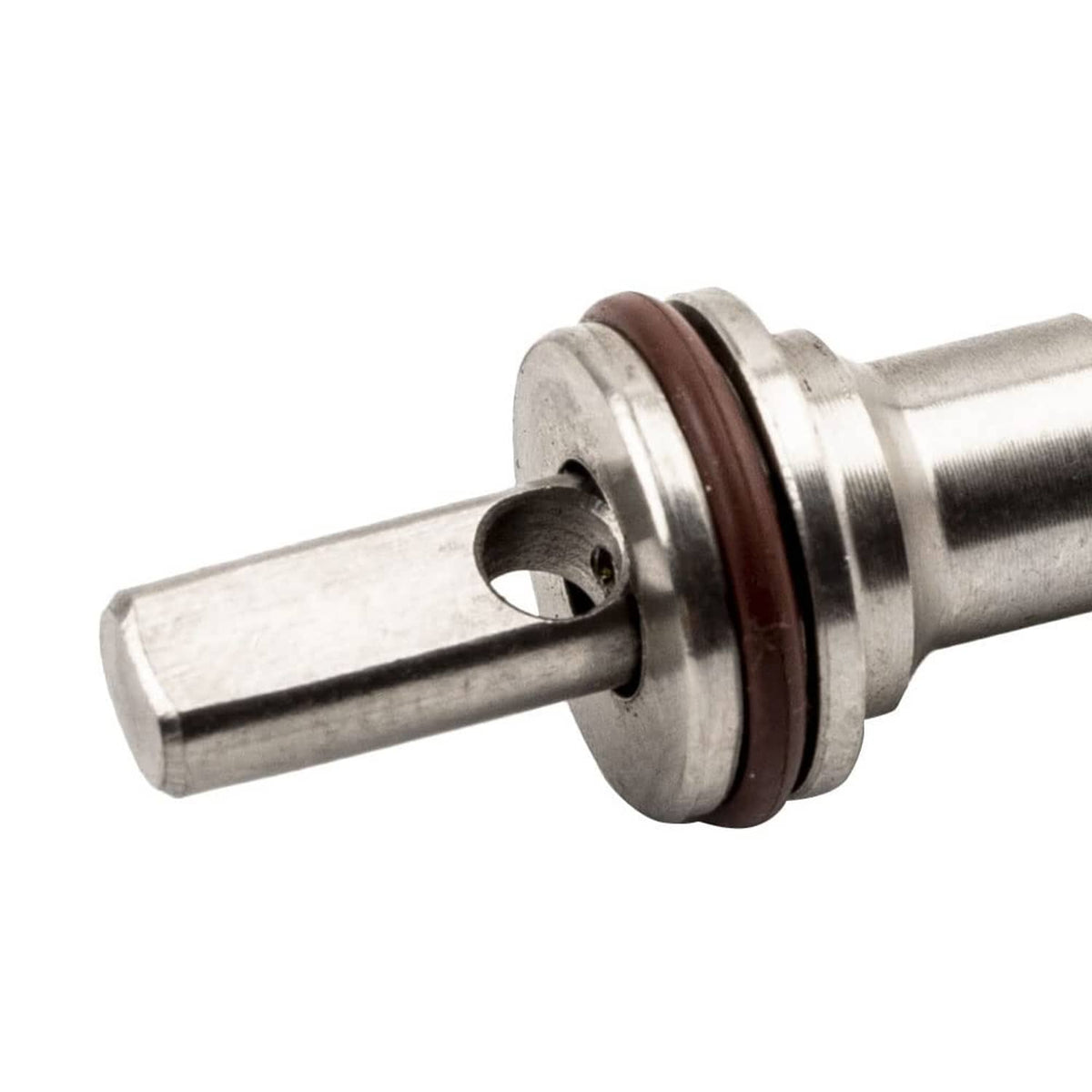 Stainless steel slider-style replacement tool with central pin and brown O-ring