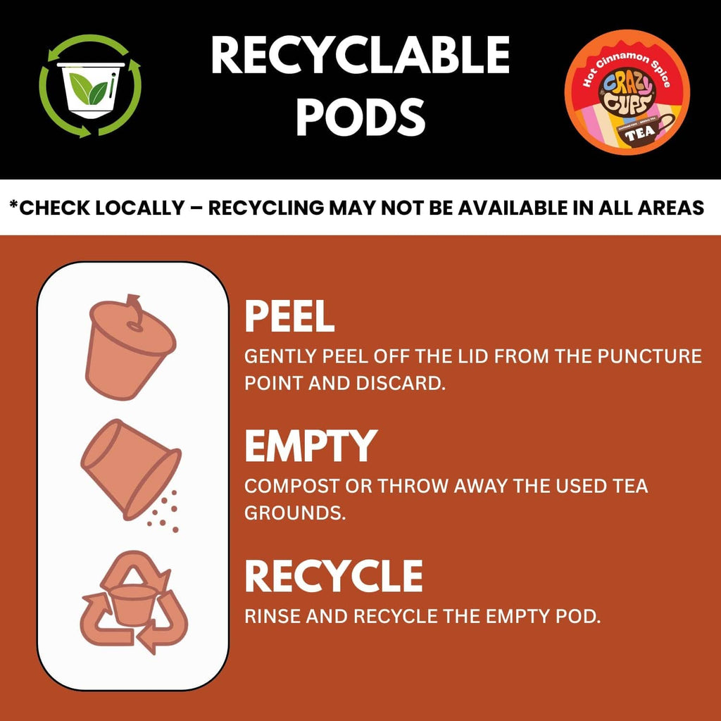 Recyclable Crazy Cups tea pods packaging with peel empty recycle instructions