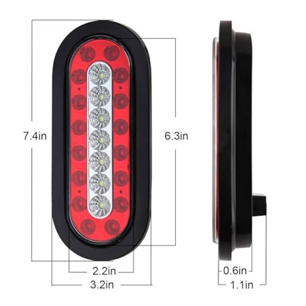 Oval LED tail light with red lens and black housing, shown with 7.4 in length