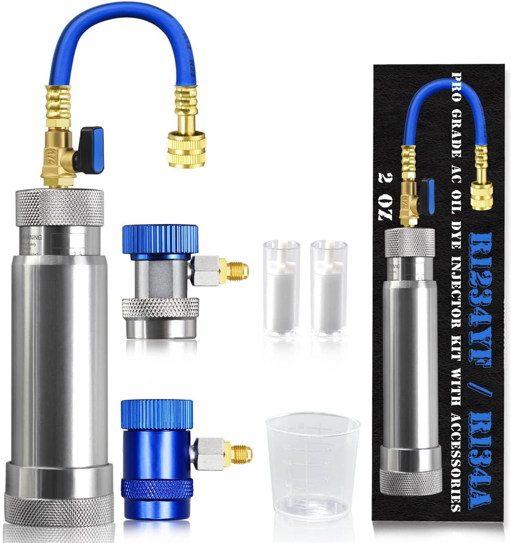 AC oil dye injector kit with blue and metal cylinders, brass hoses, and clear cups