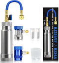 AC oil dye injector kit with blue and metal cylinders, brass hoses, and clear cups