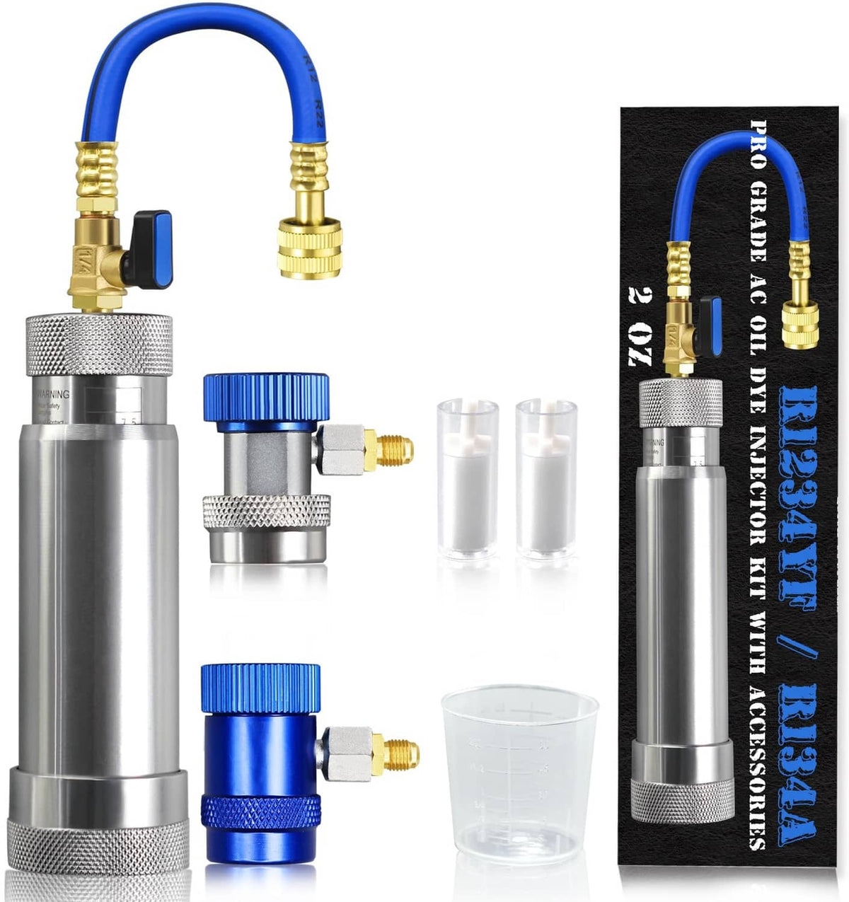 AC oil dye injector kit with blue and metal cylinders, brass hoses, and clear cups