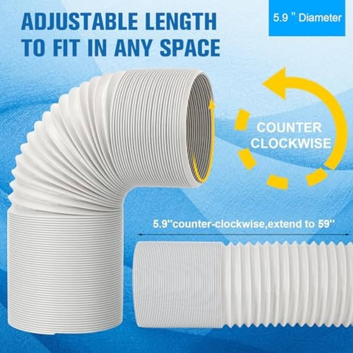 Adjustable white AC exhaust hose elbow with extended flexible ribbed section