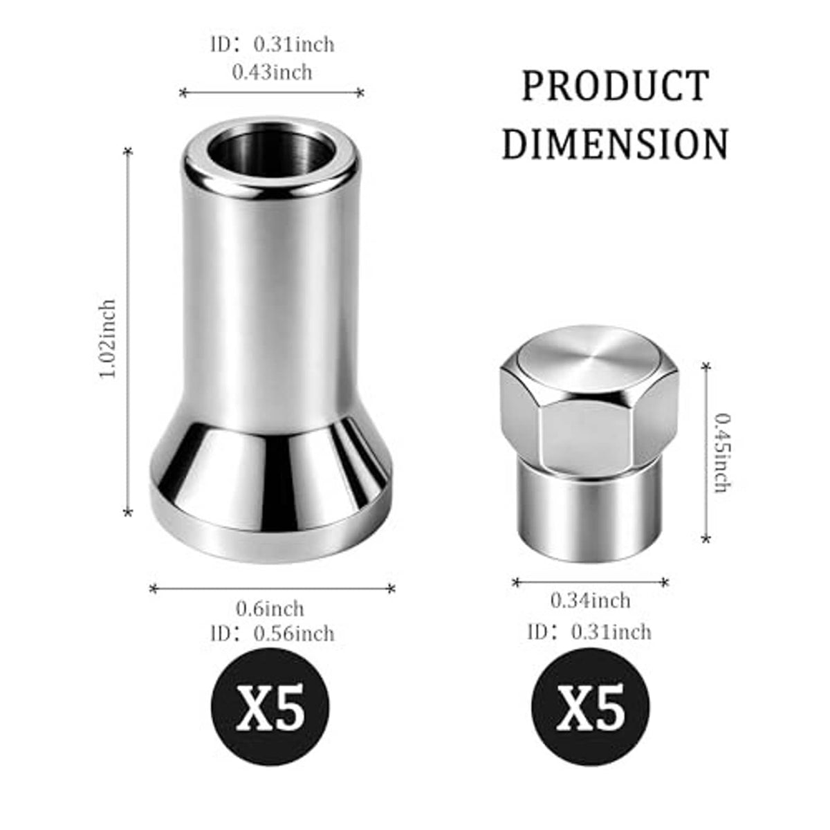 Chrome valve stem cap with hex top and cylindrical body; side and top views