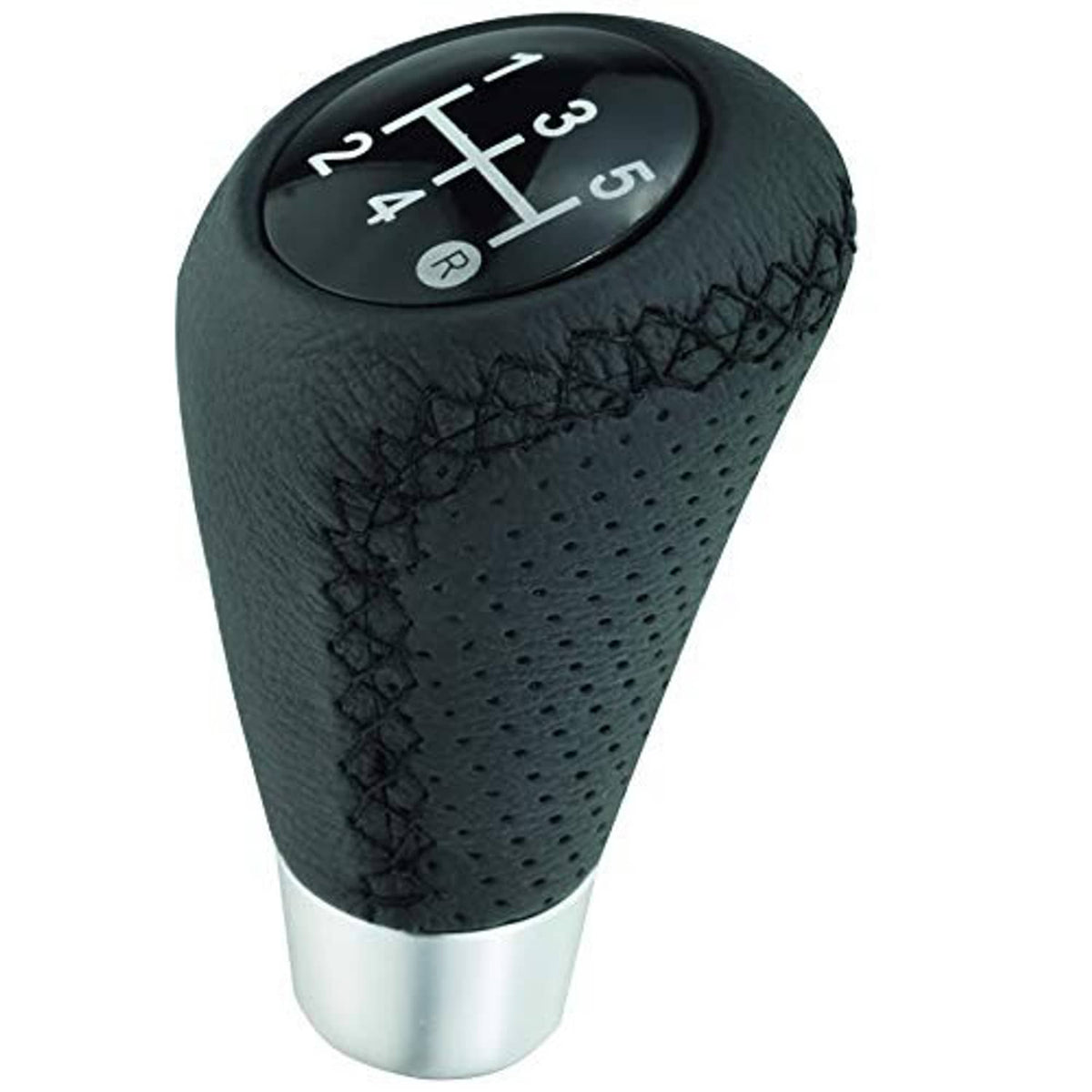 Black leather 5-speed shifter knob with silver base, gear dial with R and stitching