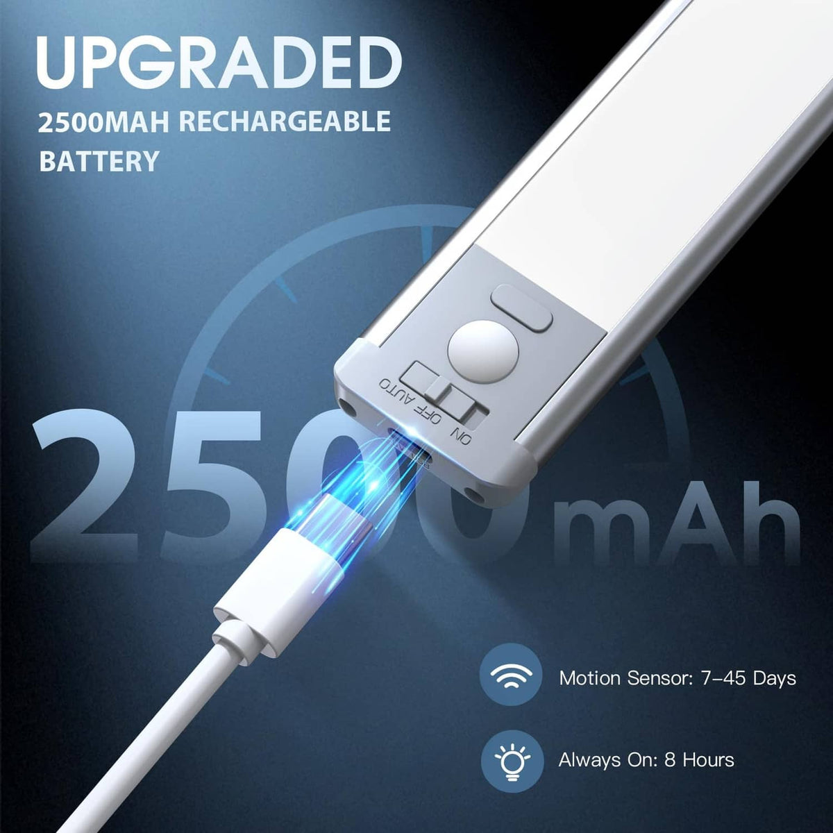 Under cabinet LED sensor light with 2500mAh rechargeable battery and brightness button