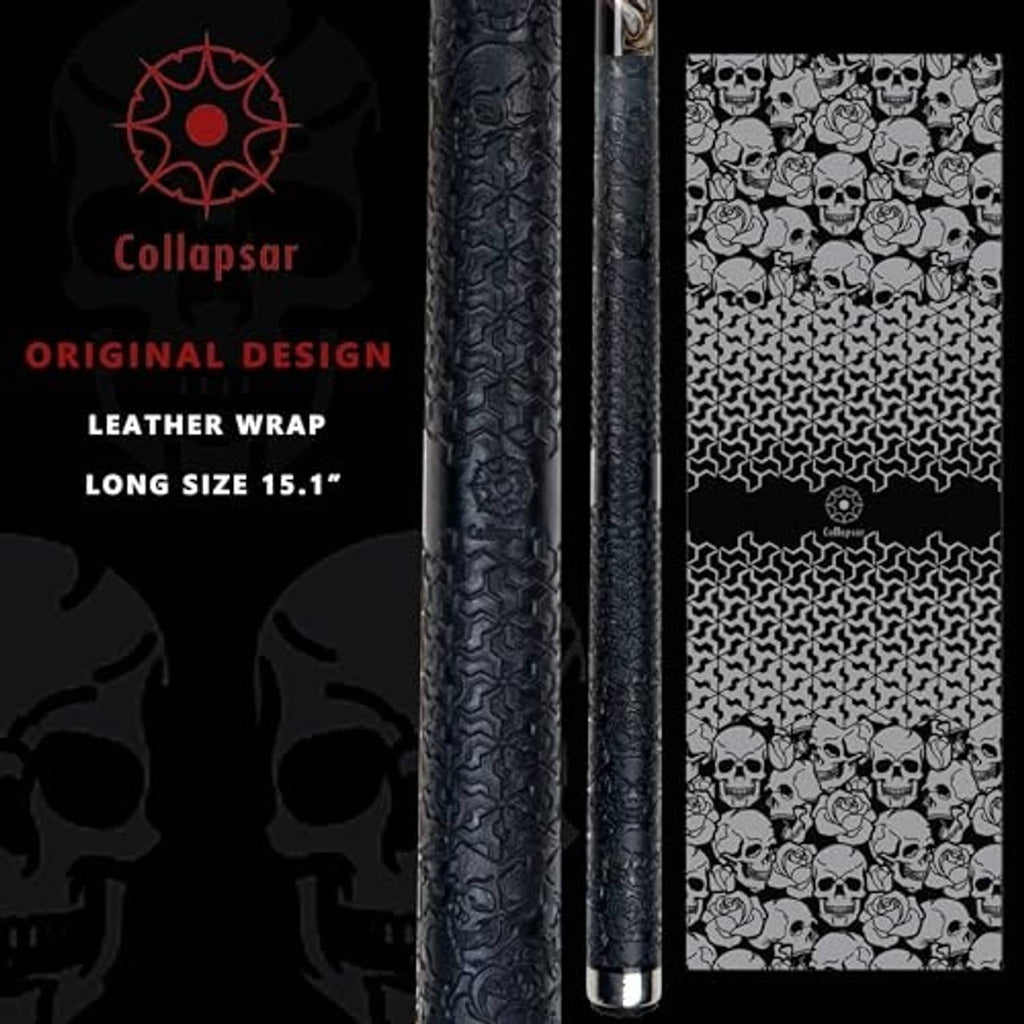 Black embossed pool cue shafts with leather wrap, shown from multiple angles