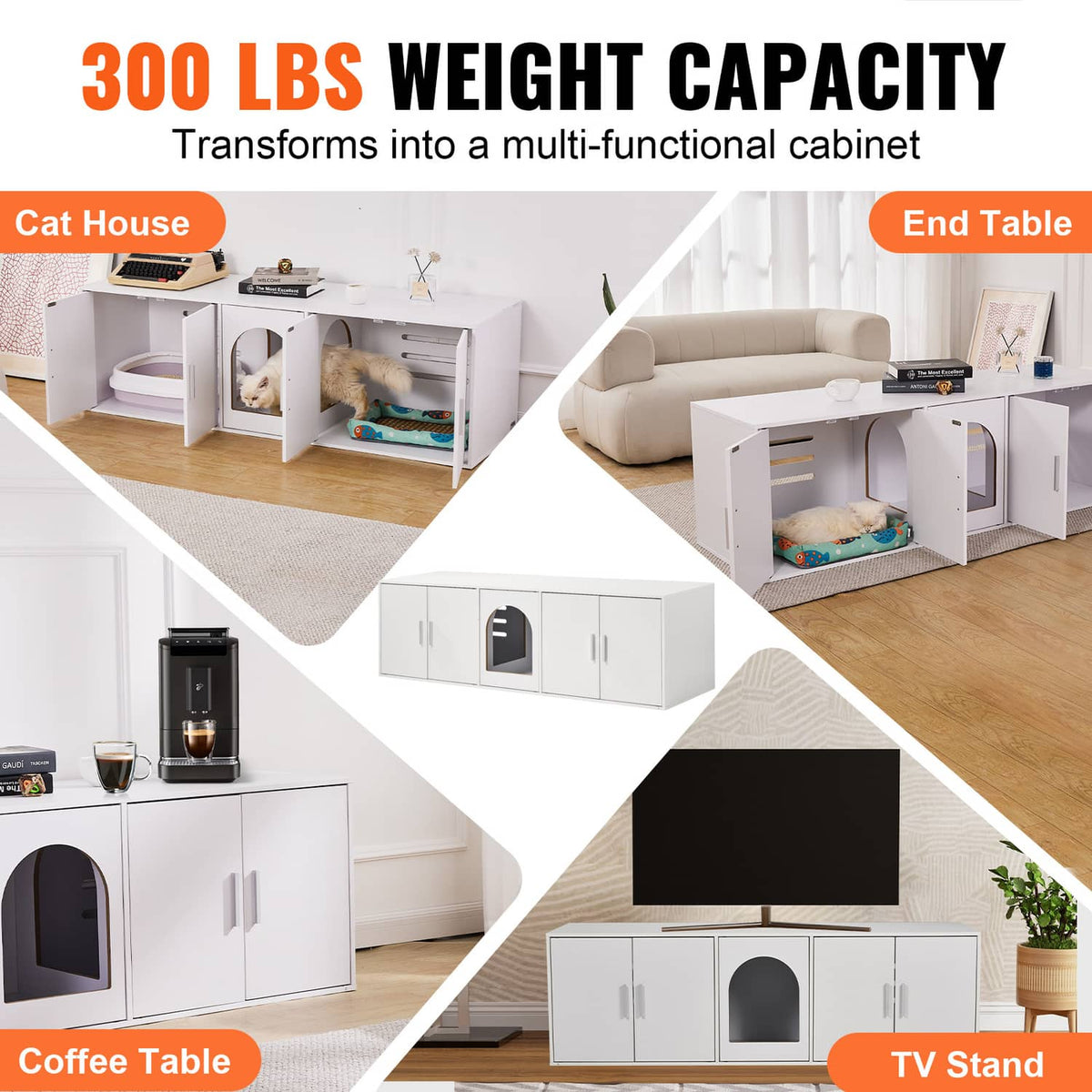 White cat litter box enclosure shown as multi-use cabinet with arched front door opening
