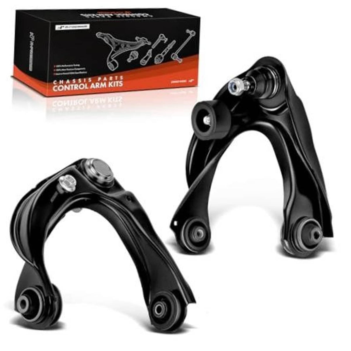 Pair of black front upper control arms with ball joints and rubber bushings.
