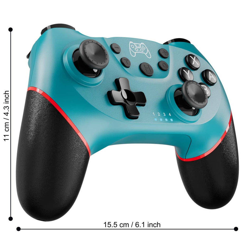 Teal wireless game controller with black grips, thumbsticks, and size measurements