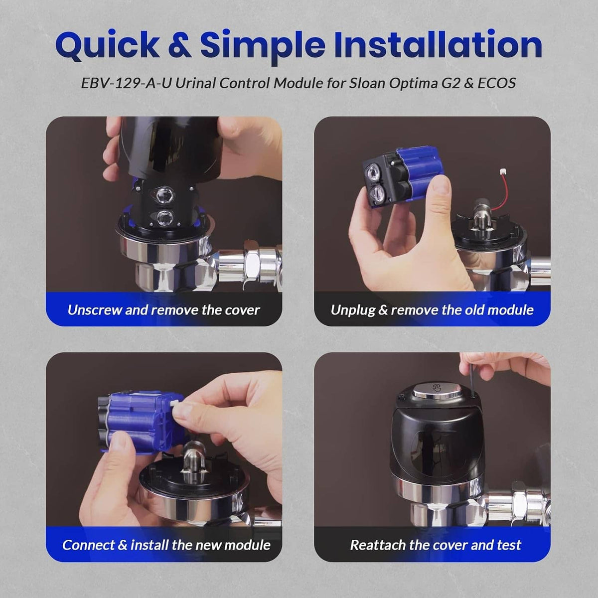 Hands installing a blue and black urinal electronic control module