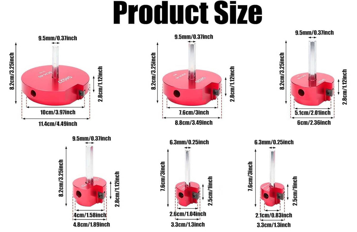 Red pipe reamer heads shown with multiple size options in a sizing layout