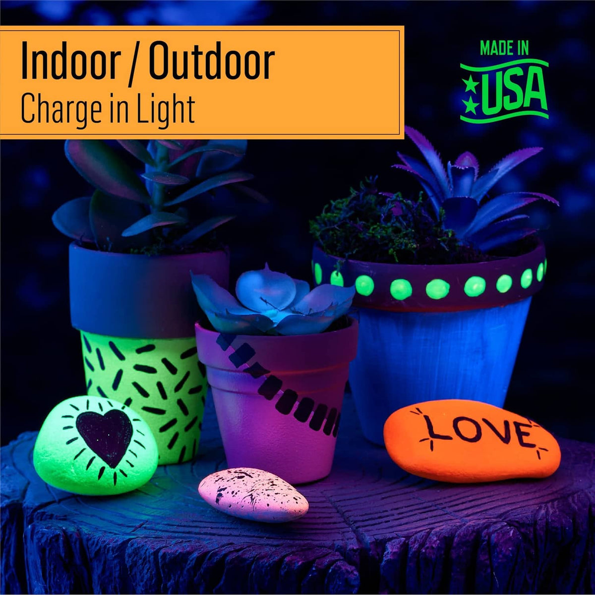 Glow-in-the-dark paint creating green glowing dots on potted decorative items
