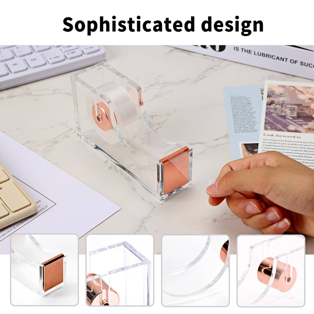Rose gold tape dispenser with transparent base and top roll holder