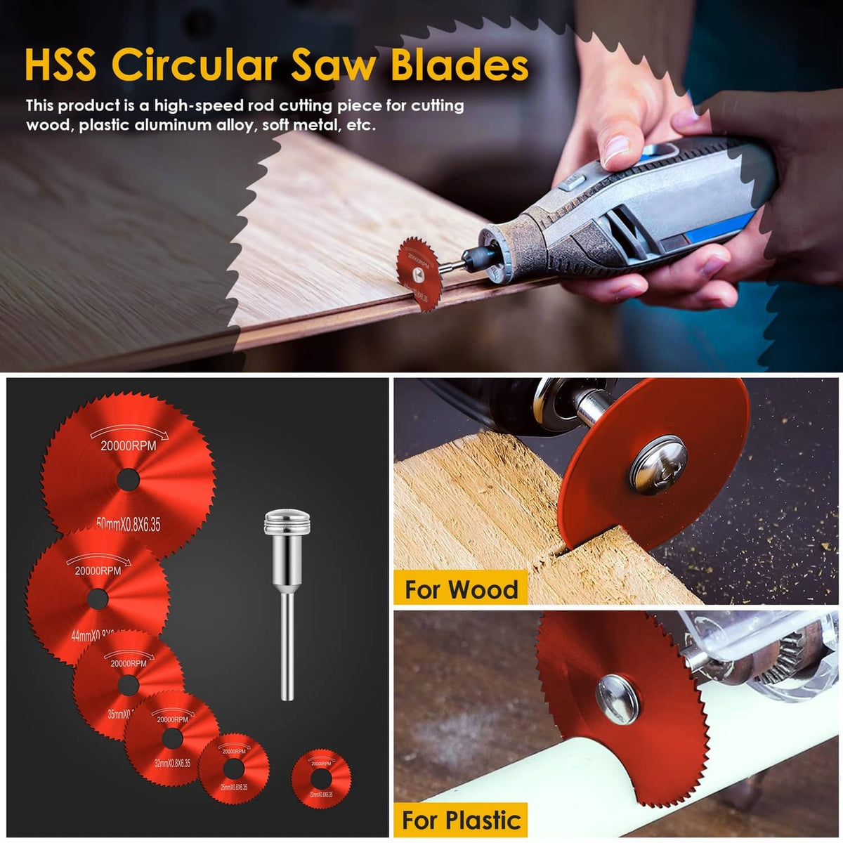 Red circular cutting wheels and rotary tool mandrel attachment for cutting wood and plastic