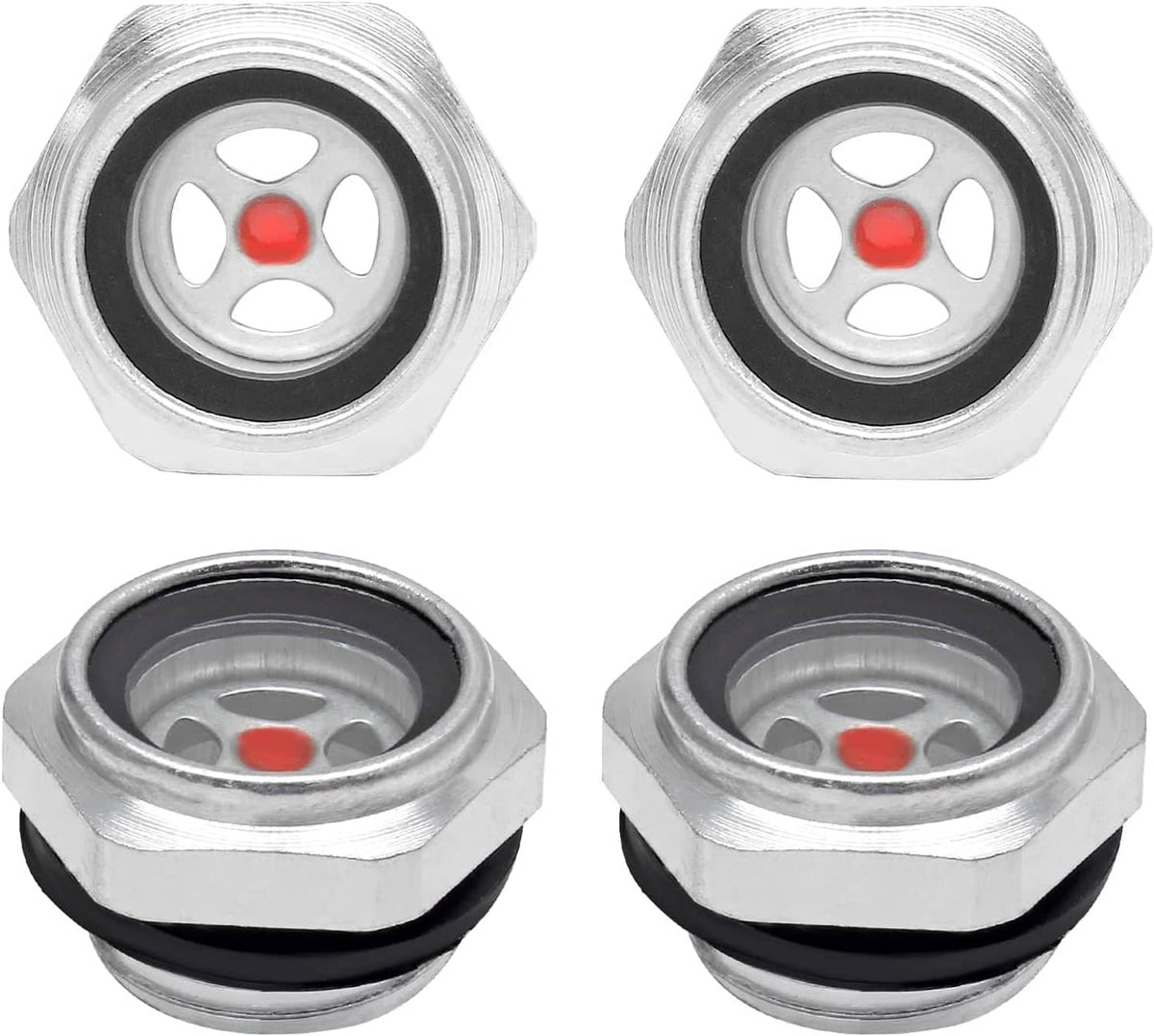 4-pack air compressor oil sight glass gauges with red indicator in metal hex housing