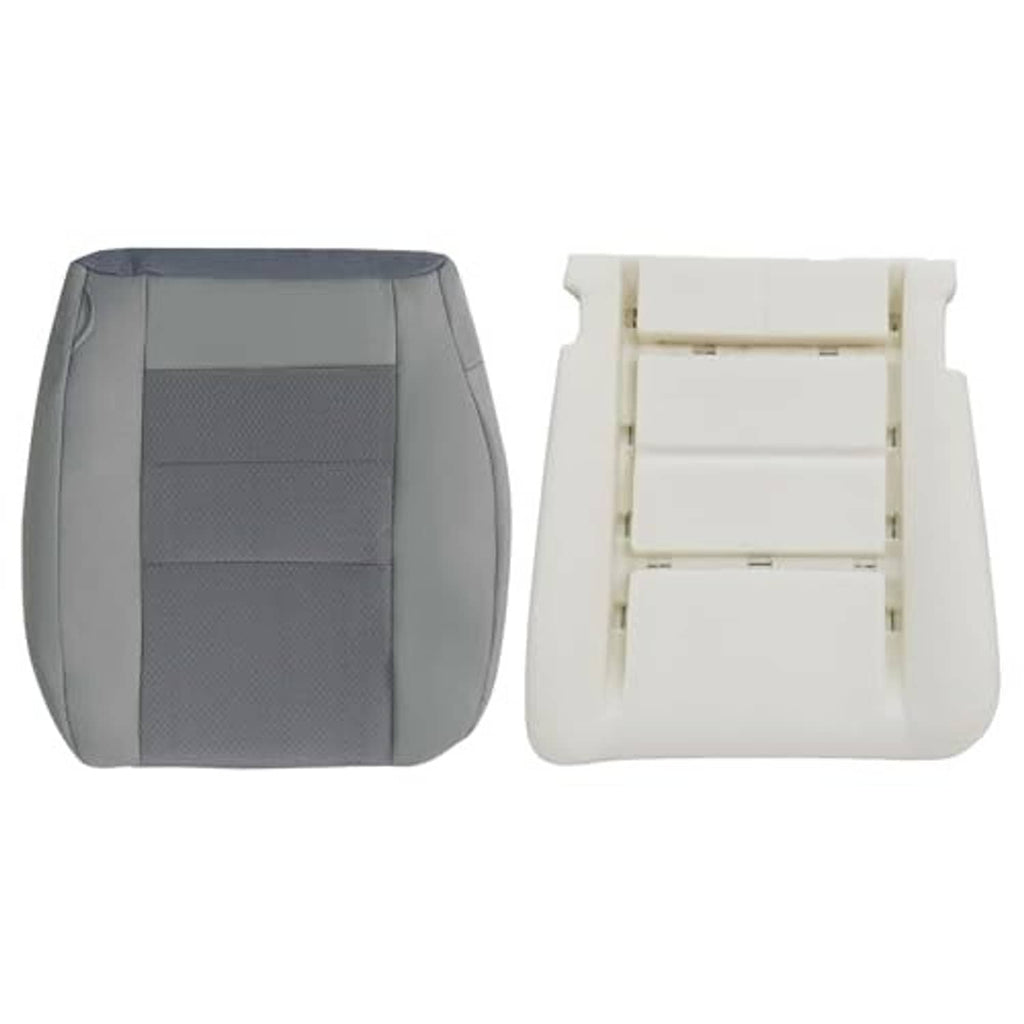 Front driver side seat cover in flint gray cloth, shown front view with foam backing