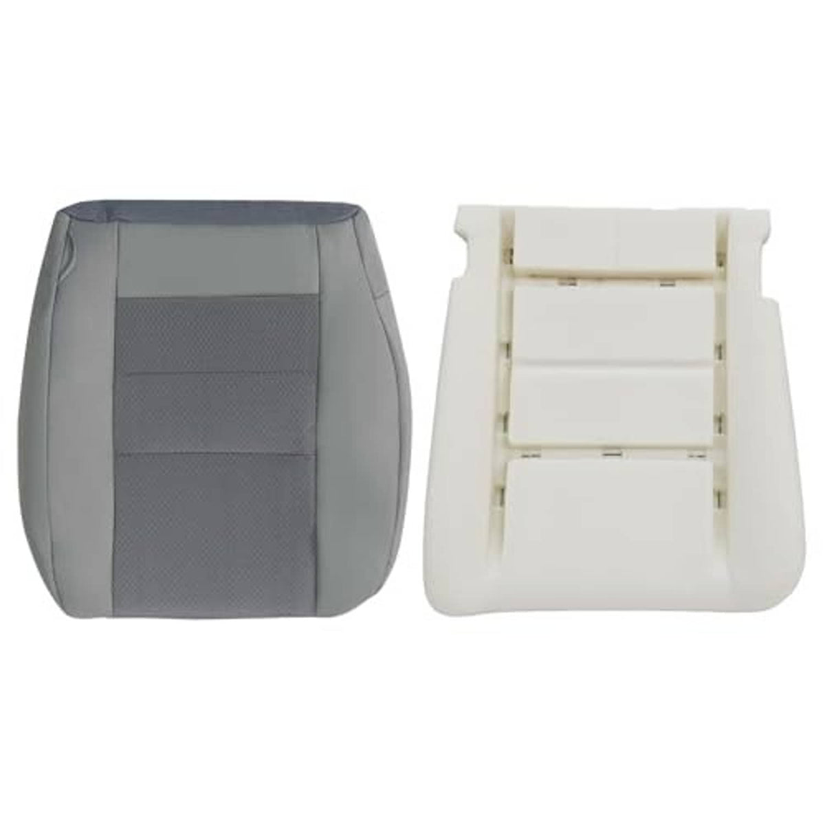 Front driver side seat cover in flint gray cloth, shown front view with foam backing