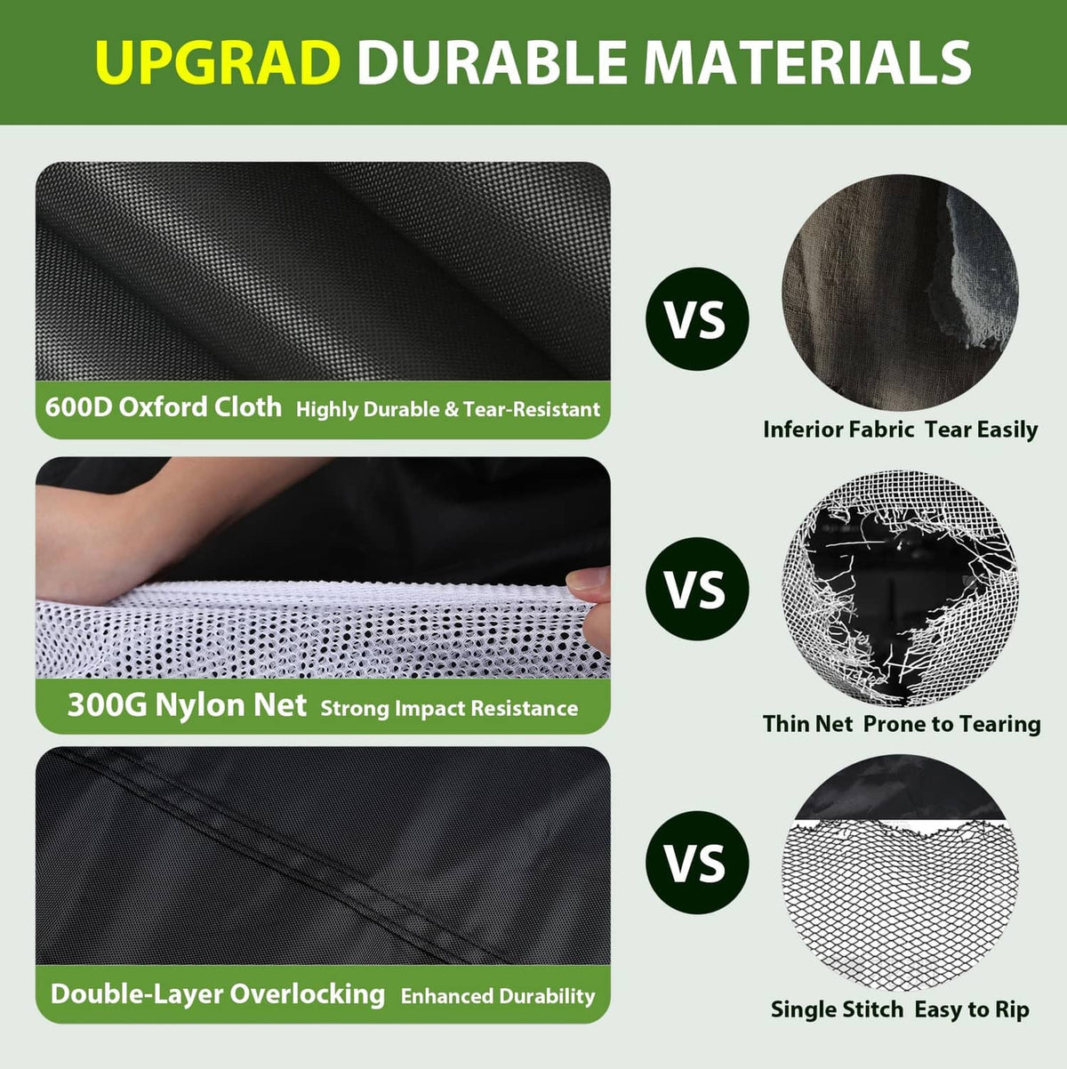 Practice net material closeups: oxford cloth fabric and nylon mesh panels