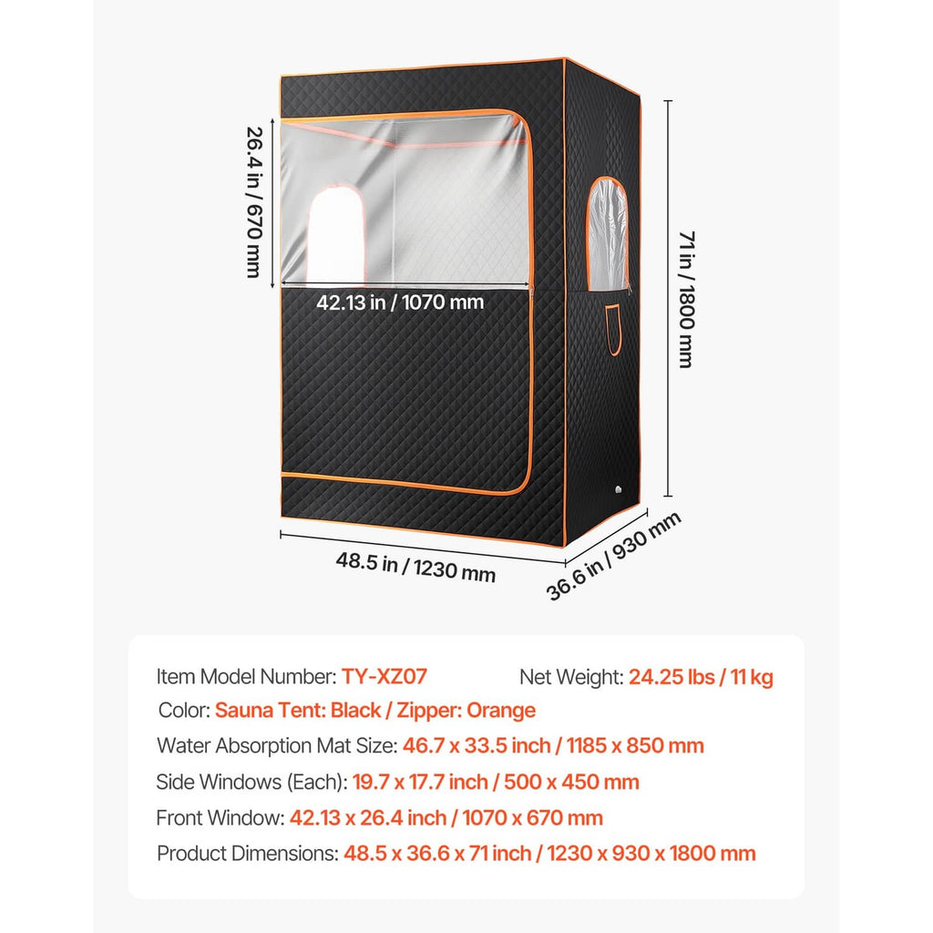 Black portable steam sauna tent with orange trim, front and side dimension view