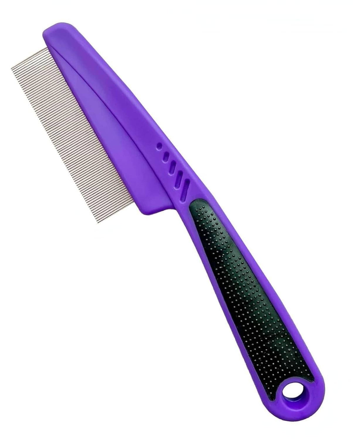 Fine-tooth flea comb for pets with purple rubber handle