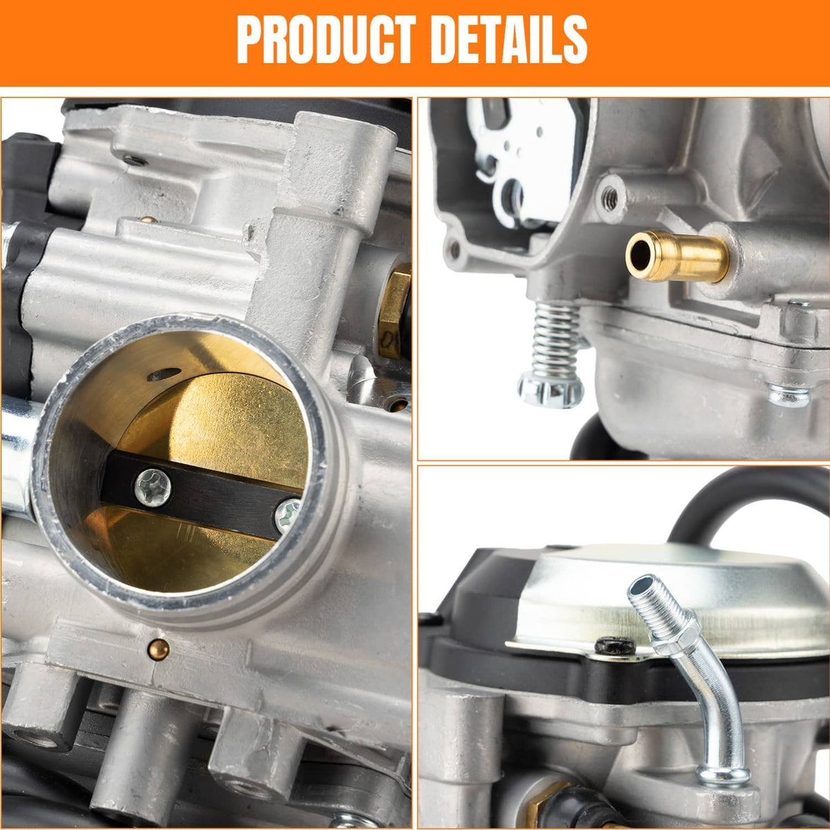 Carburetor detail close-up of throttle bore and metal fittings; silver housing