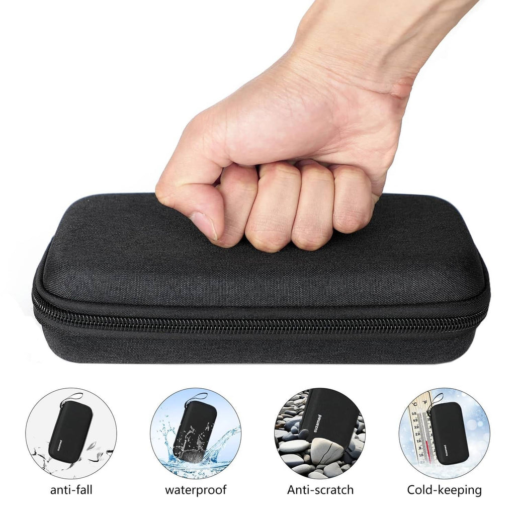 Black zippered insulin cooler case with rounded top and molded shell.