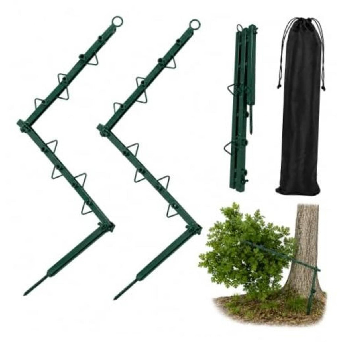 Foldable hunting camouflage branch-cover stand with green frame, hooks, and black storage bag