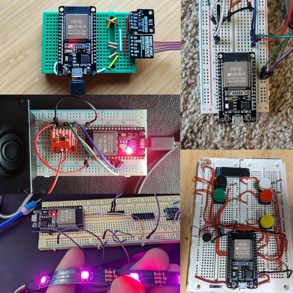 ESP-32 module connected to a breadboard with jumper wires for prototyping