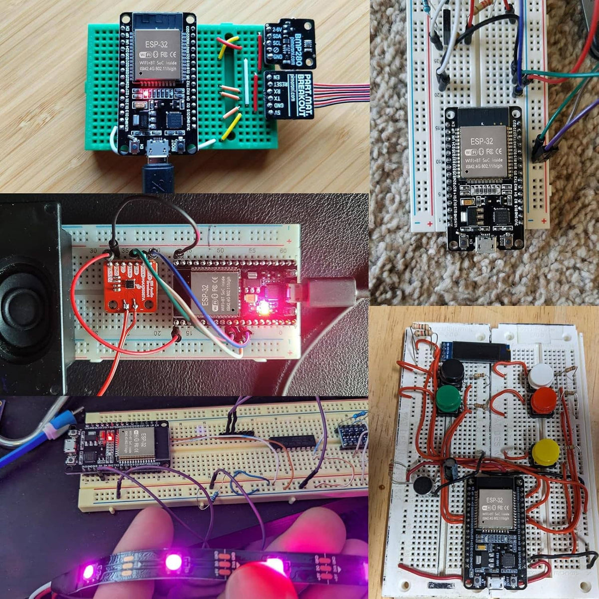 ESP-32 module connected to a breadboard with jumper wires for prototyping