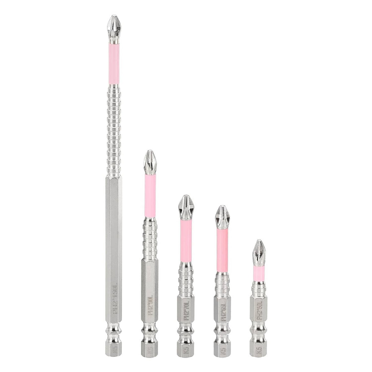 5-piece Phillips impact screwdriver bit set with pink shafts and silver hex shanks