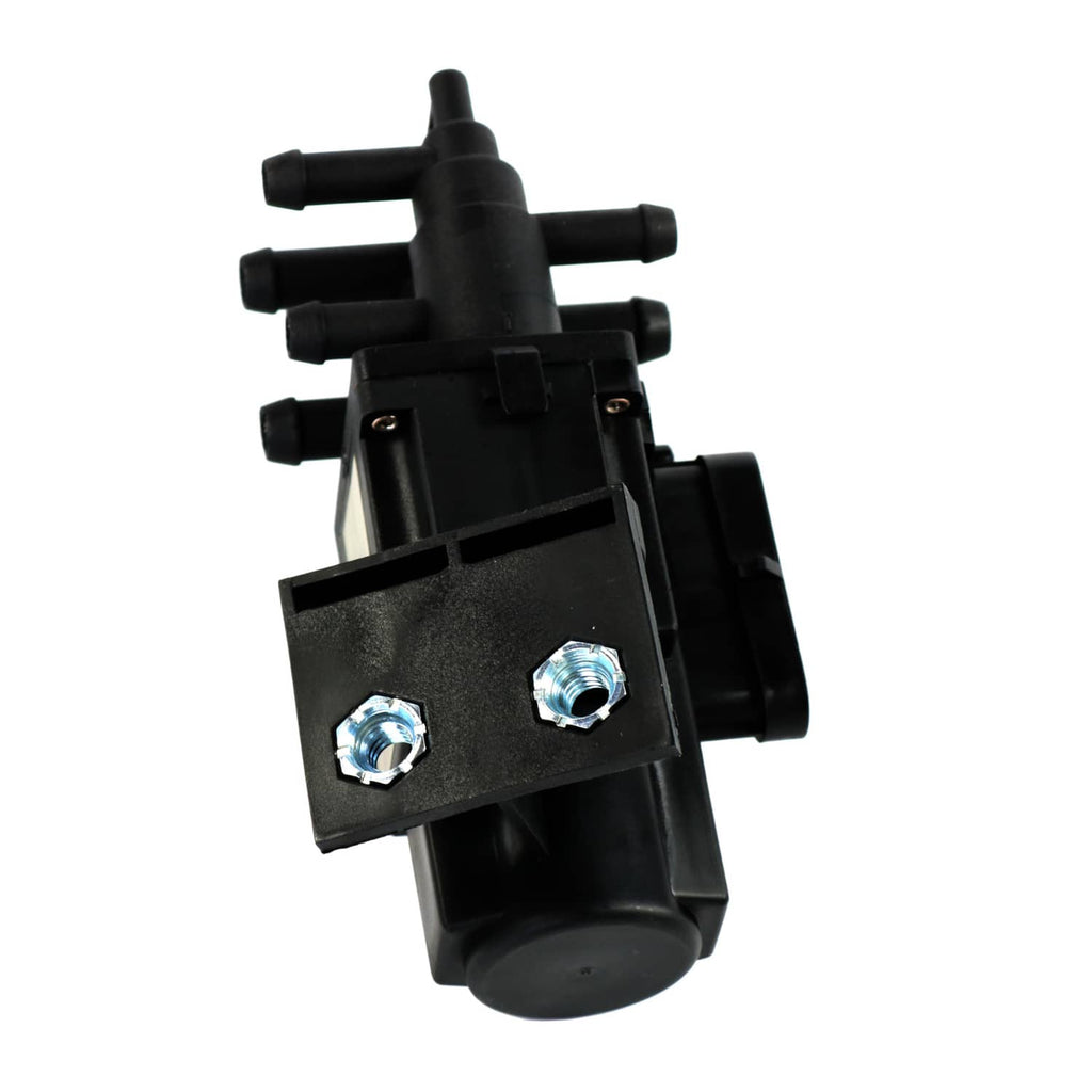 Fuel tank selector valve with end outlet ports and two metal mounting nuts, black plastic