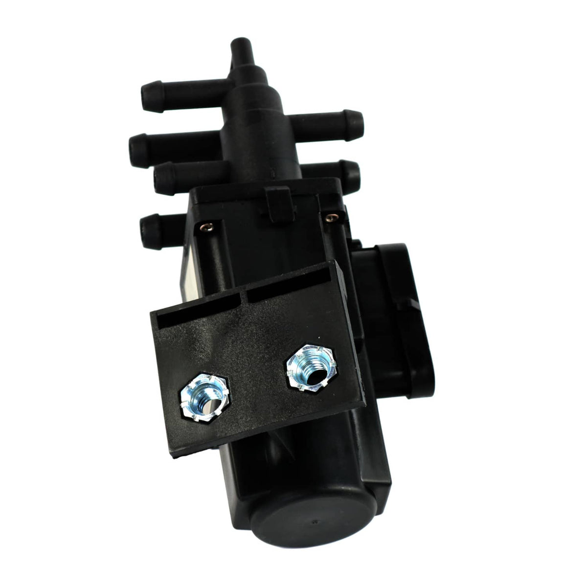 Fuel tank selector valve with end outlet ports and two metal mounting nuts, black plastic