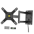 Black lockable RV TV wall mount bracket with long arms, wall plate, screws, and level
