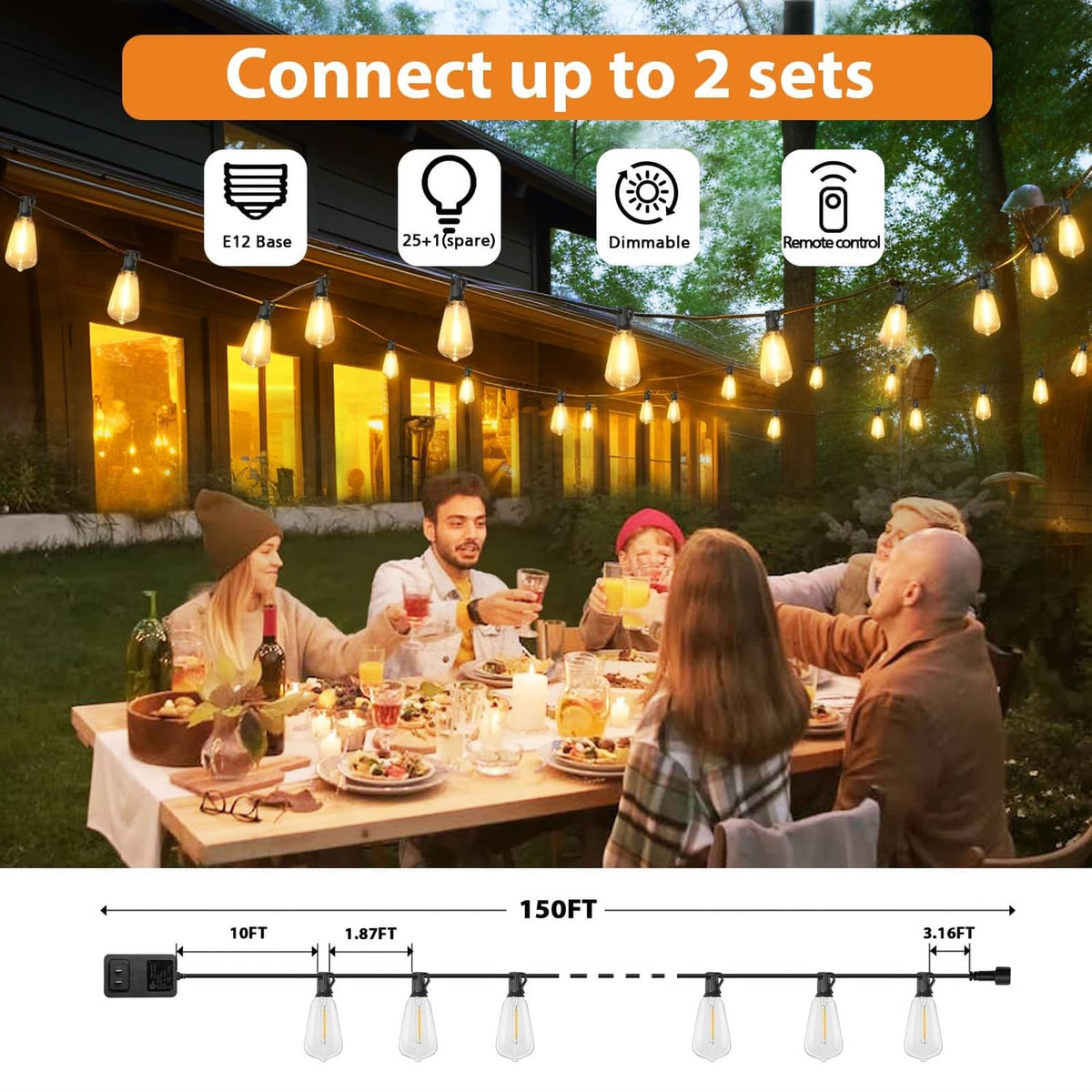 Outdoor string lights with black wire and warm amber bulbs stretched along a porch