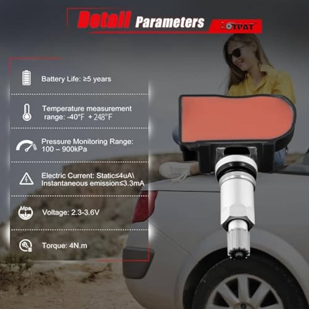 TPMS sensor with parameter labels overlay, showing silver valve stem
