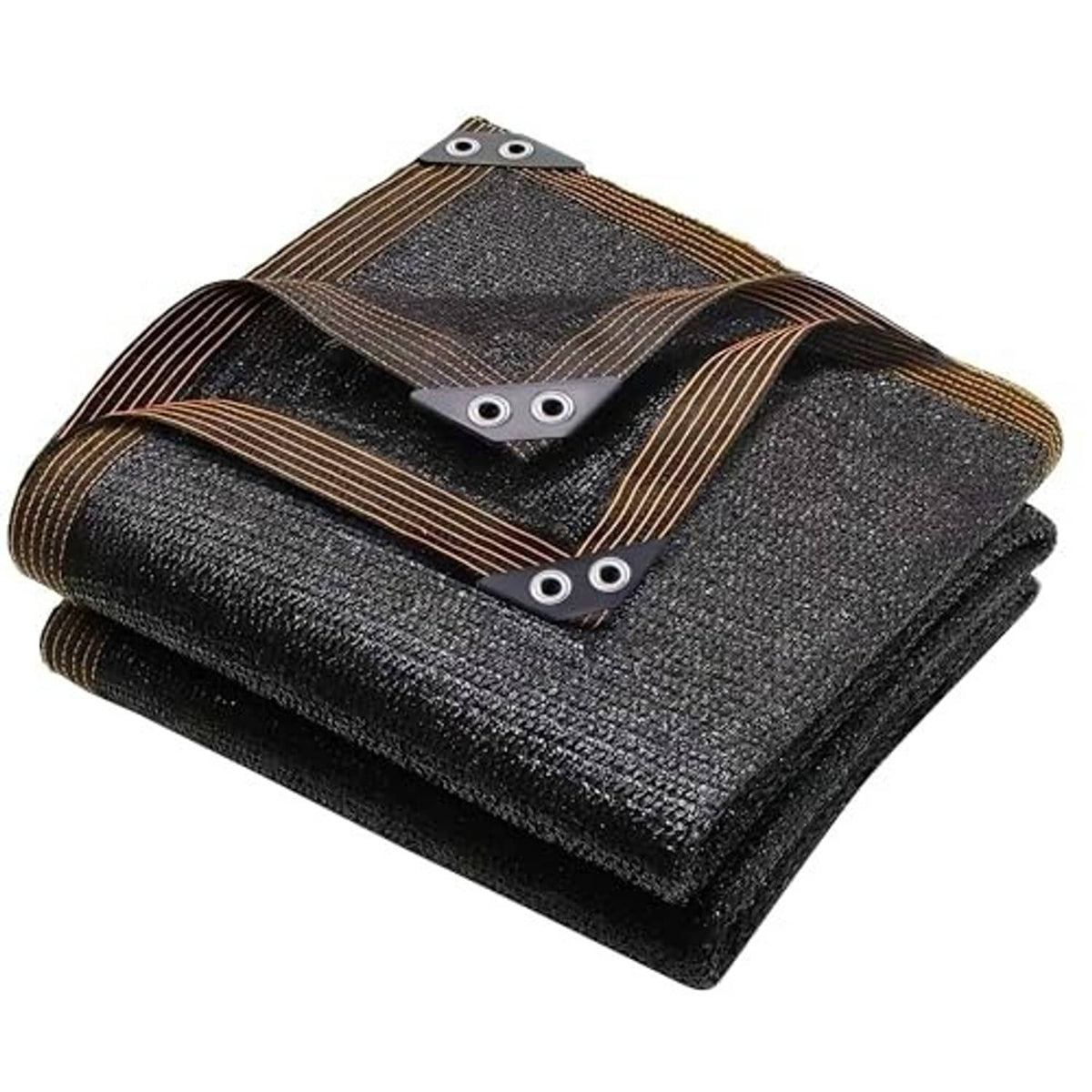 Black mesh shade tarp folded with reinforced grommets and brown edge stitching.
