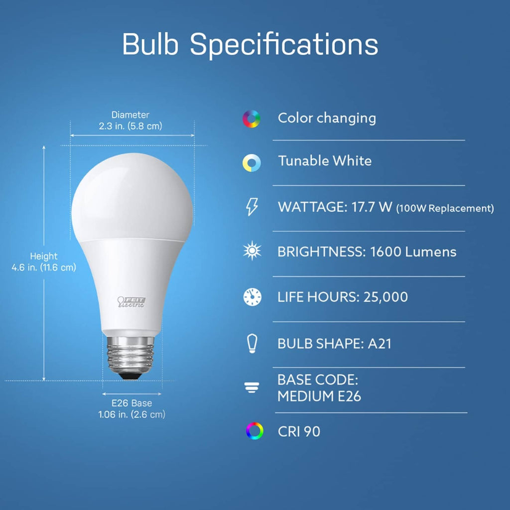 Smart WiFi A21 bulb specs graphic: tunable white, 1600 lumens, E26 base