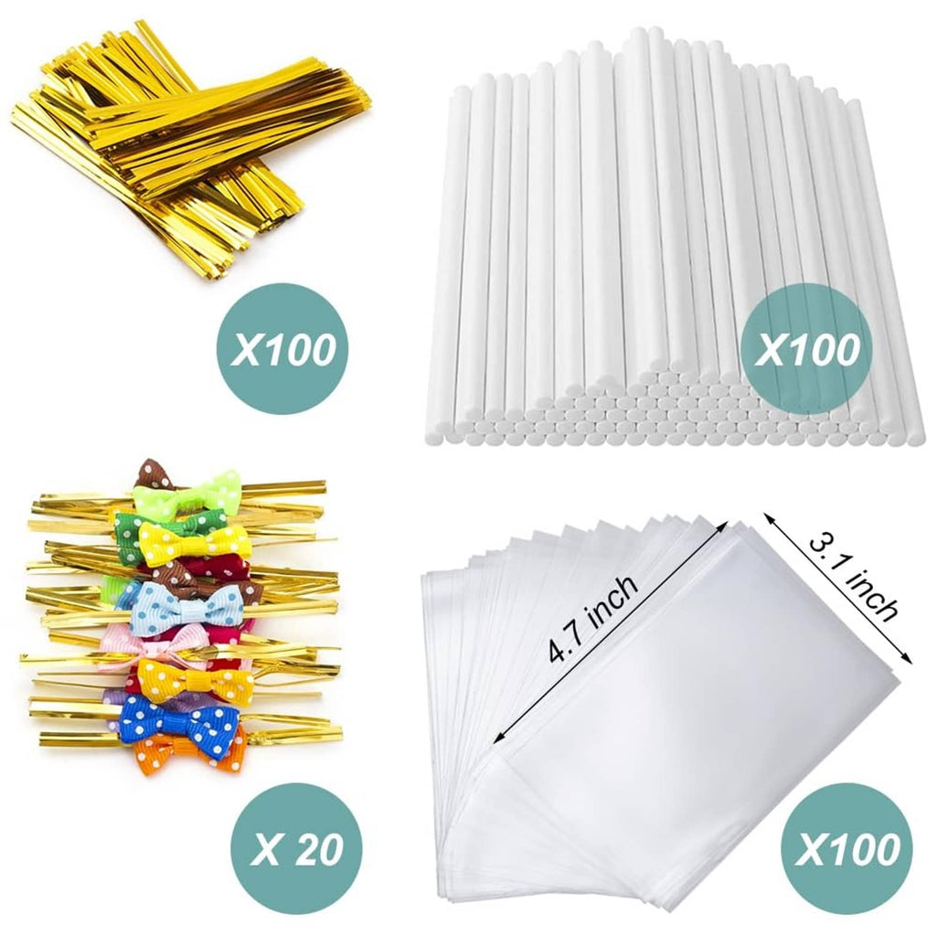Cake pop sticks with gold foil sticks, white wrappers, and measurement labels