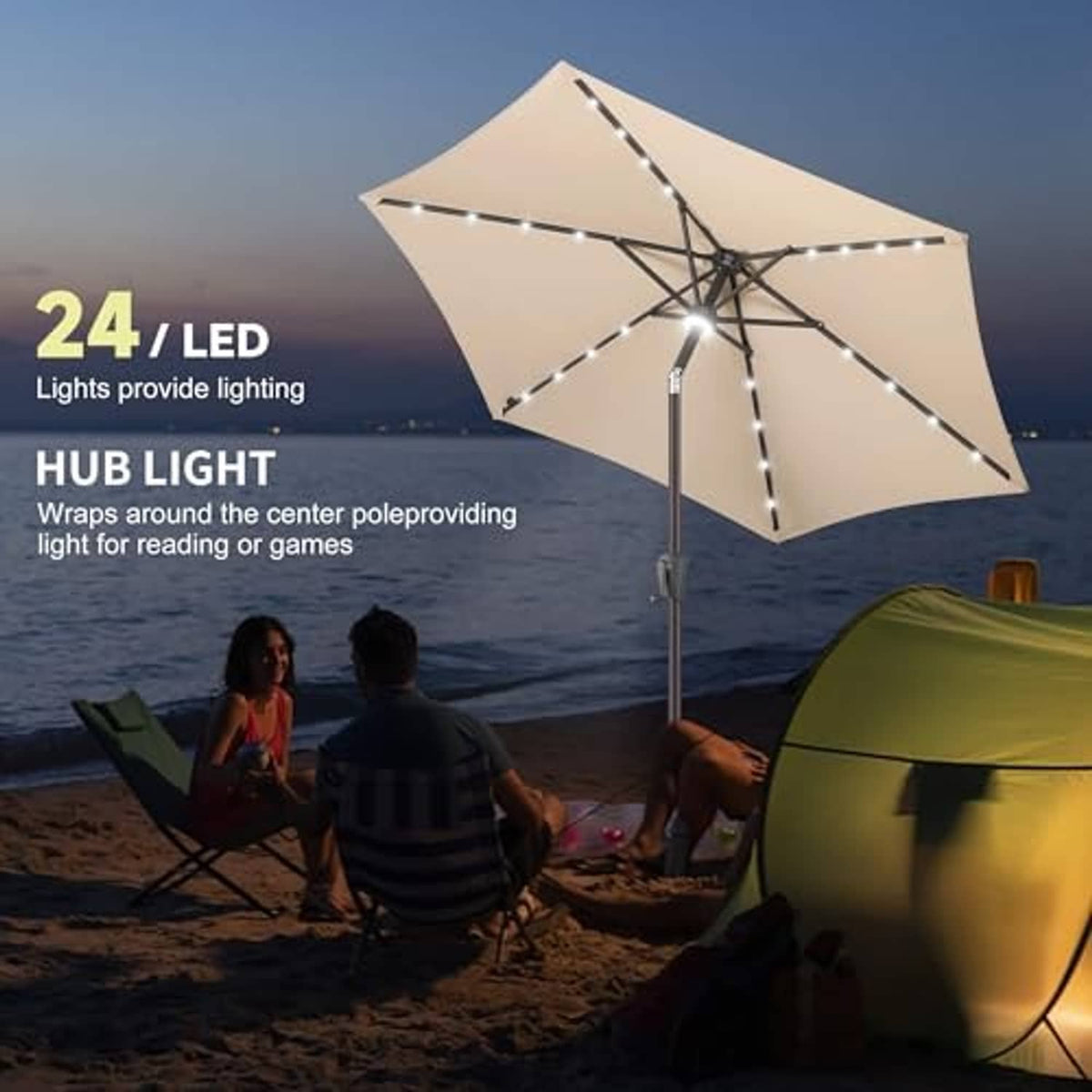 Beige outdoor solar umbrella with 24 LED lights and central hub light on pole.