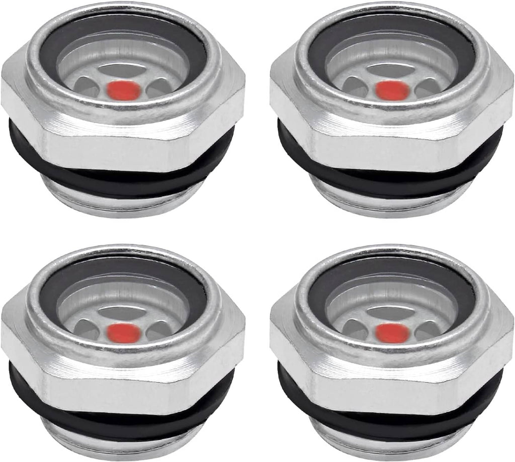 4-pack air compressor oil sight glass gauges with red indicator window and hex metal bodies