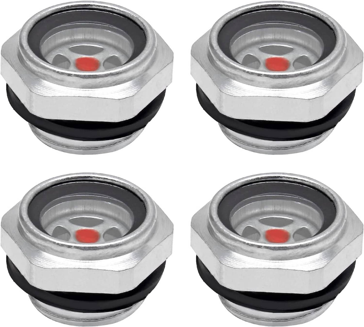 4-pack air compressor oil sight glass gauges with red indicator window and hex metal bodies